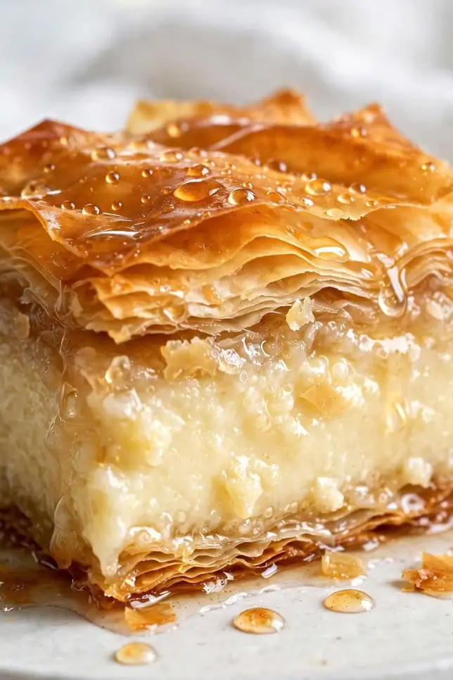 Slice of Greek galaktoboureko showing crisp phyllo layers and creamy custard center drizzled with syrup