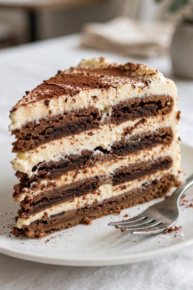 Coffee icebox cake in a glass dish with cocoa powder and chocolate shavings on top