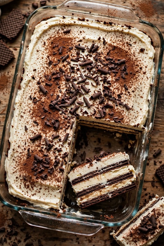 Coffee icebox cake in a glass dish with cocoa powder and chocolate shavings on top