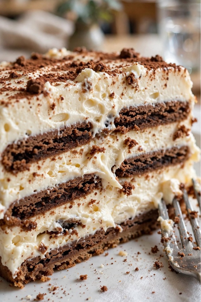 Coffee icebox cake in a glass dish with cocoa powder and chocolate shavings on top
