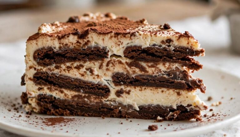 Coffee icebox cake in a glass dish with cocoa powder and chocolate shavings on top