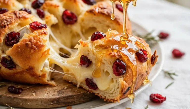 Golden cranberry brie pull-apart bread with melted cheese and honey drizzle on a wooden board