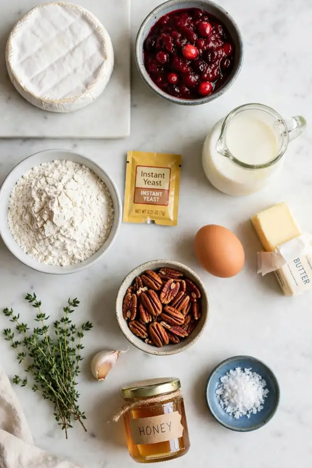 Ingredients for cranberry brie pull-apart bread including brie, cranberry sauce, flour, yeast, pecans, and thyme