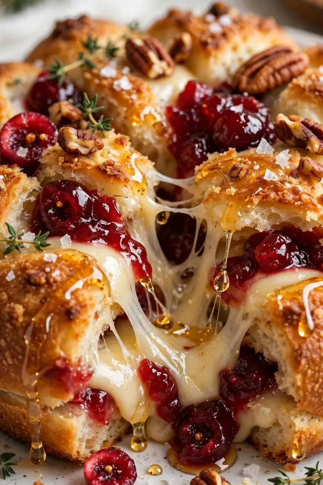 Golden cranberry brie pull-apart bread with melted cheese and honey drizzle on a wooden board