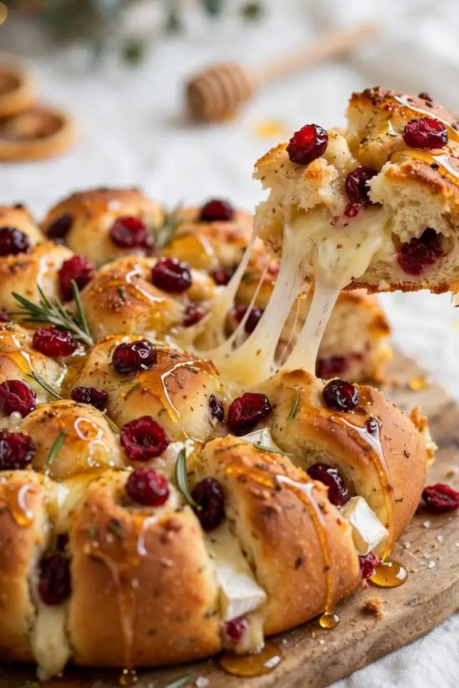 Golden cranberry brie pull-apart bread with melted cheese and honey drizzle on a wooden board