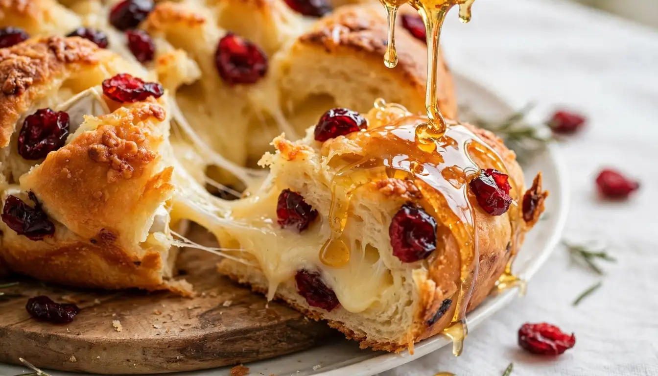 Golden cranberry brie pull-apart bread with melted cheese and honey drizzle on a wooden board