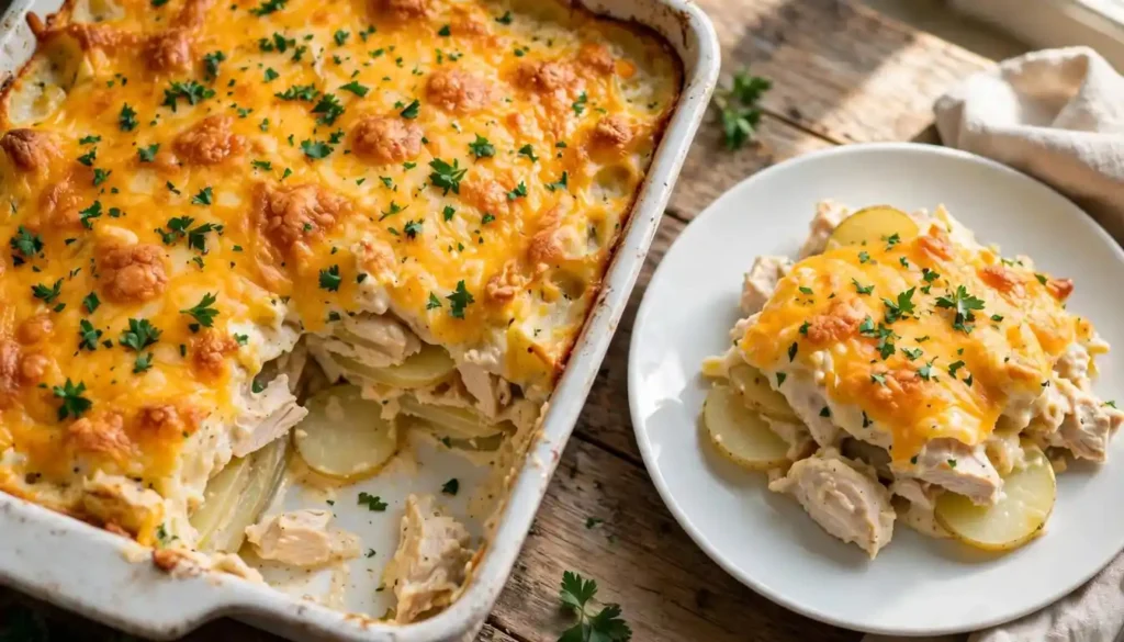 Creamy chicken and potato casserole with melted cheddar in a white baking dish