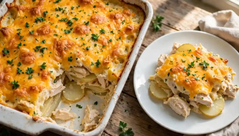 Creamy chicken and potato casserole with melted cheddar in a white baking dish