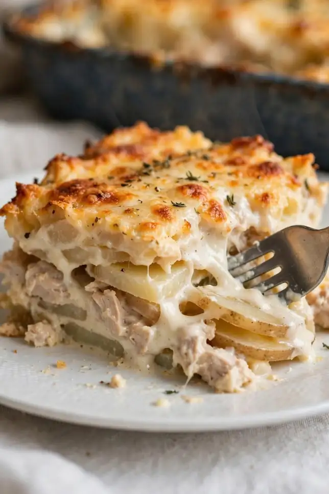 Creamy chicken and potato casserole with melted cheddar in a white baking dish