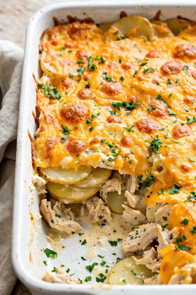 Creamy chicken and potato casserole with melted cheddar in a white baking dish