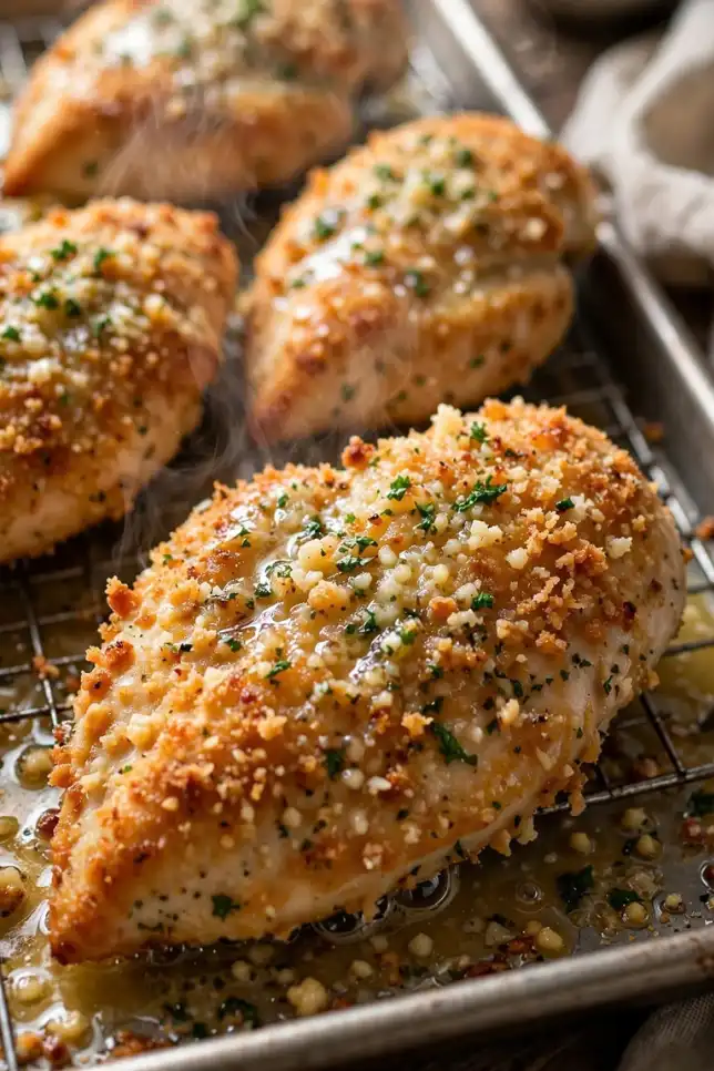 Golden crispy baked Parmesan garlic butter chicken breasts on a wire rack with parsley