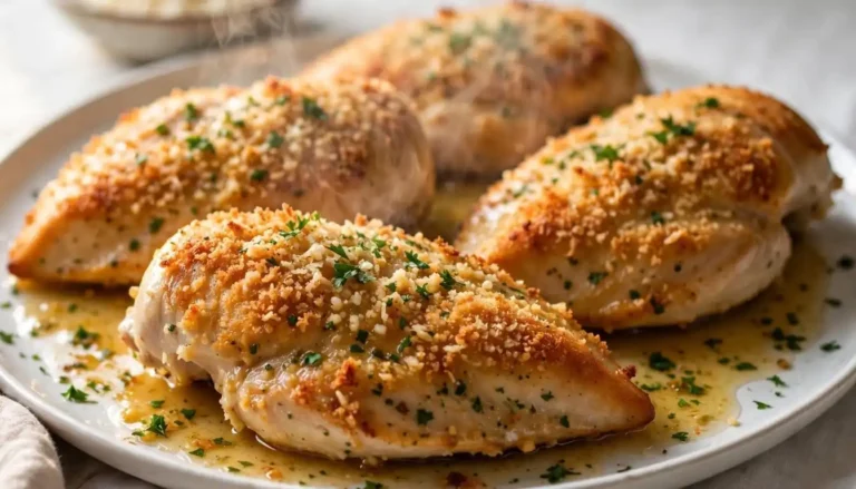 Golden crispy baked Parmesan garlic butter chicken breasts on a wire rack with parsley