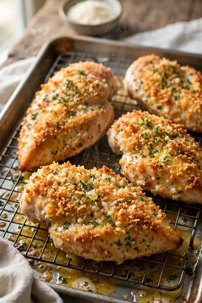 Golden crispy baked Parmesan garlic butter chicken breasts on a wire rack with parsley