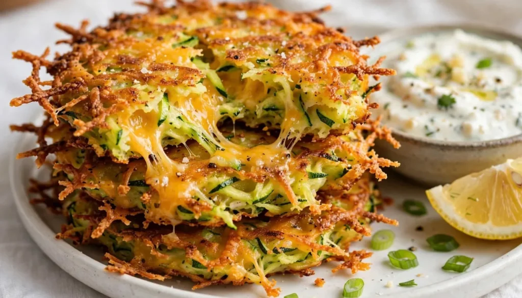 Stack of crispy golden cheesy zucchini fritters with yogurt dip and lemon on a white plate