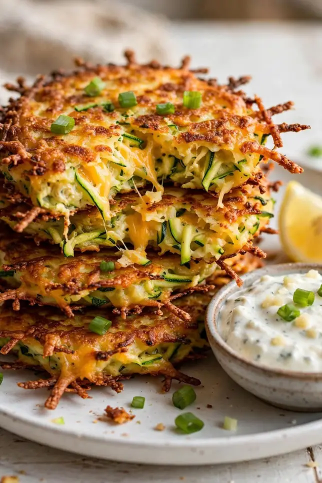 Stack of crispy golden cheesy zucchini fritters with yogurt dip and lemon on a white plate