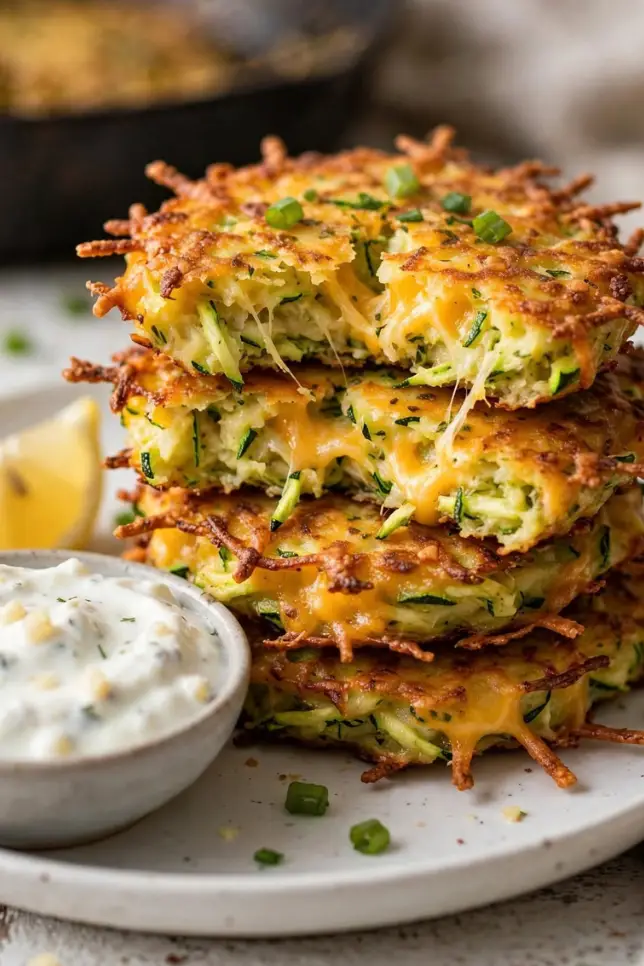Stack of crispy golden cheesy zucchini fritters with yogurt dip and lemon on a white plate