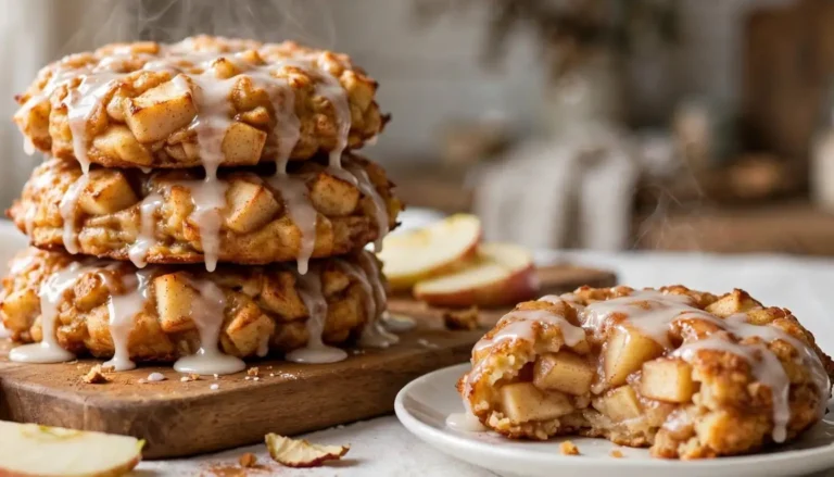 Stack of golden baked cinnamon apple fritters with cinnamon glaze on a wooden board