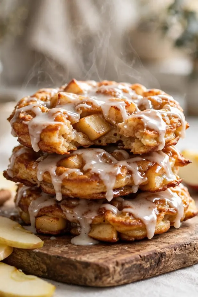 Stack of golden baked cinnamon apple fritters with cinnamon glaze on a wooden board