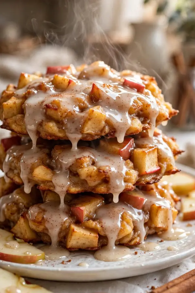 Stack of golden baked cinnamon apple fritters with cinnamon glaze on a wooden board