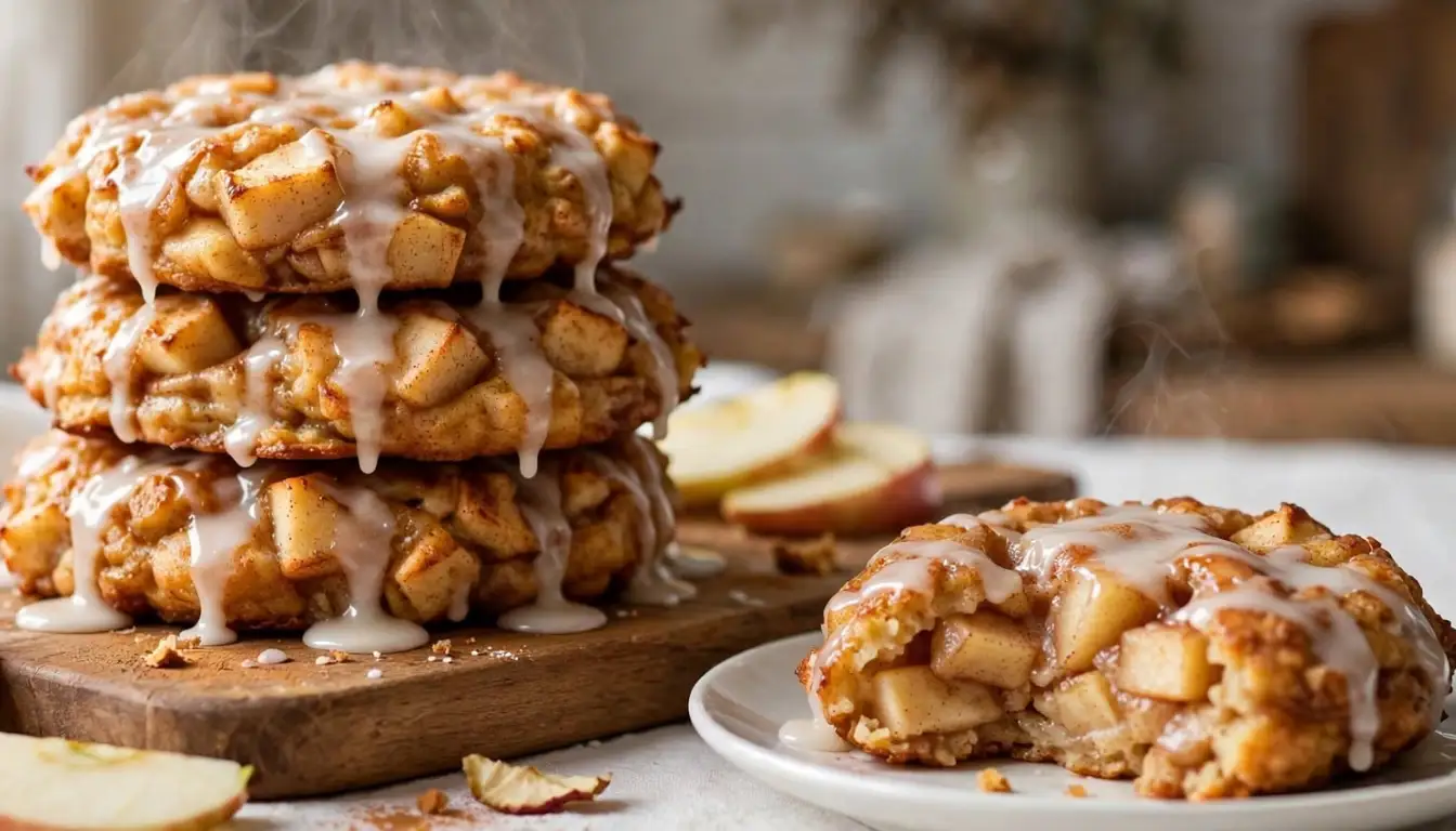 Stack of golden baked cinnamon apple fritters with cinnamon glaze on a wooden board