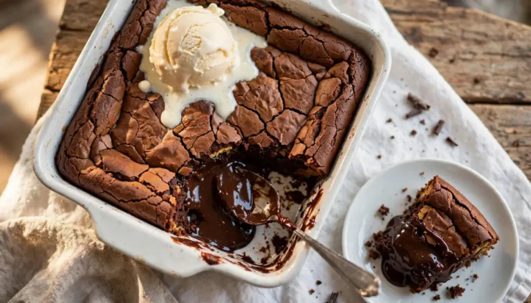 Chocolate brownie pudding cake with a scoop of vanilla ice cream melting into the warm chocolate sauce