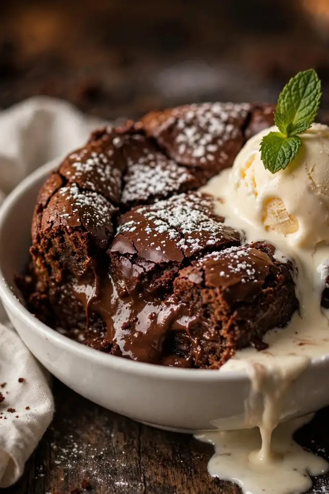 Spoon lifting a piece of chocolate brownie pudding cake with rich chocolate sauce dripping