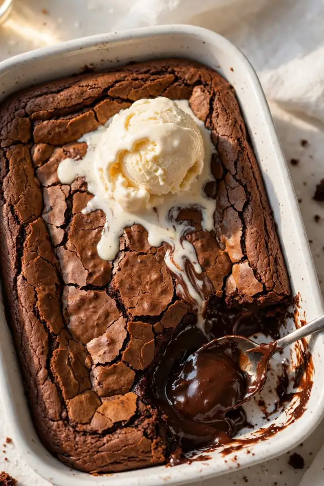 Spoon lifting a piece of chocolate brownie pudding cake with rich chocolate sauce dripping
