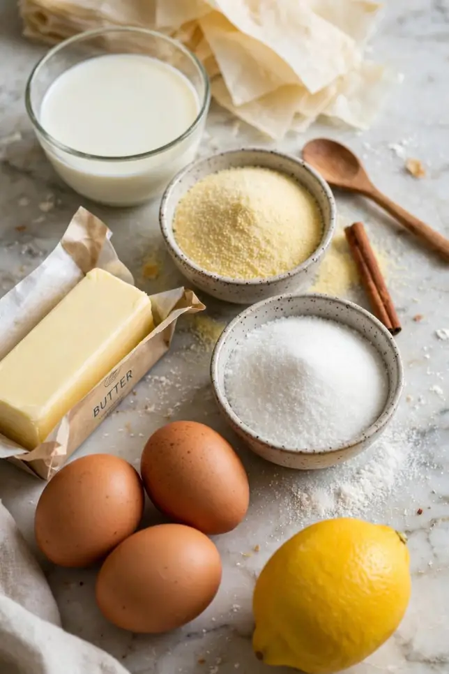 Ingredients for Greek galaktoboureko including phyllo dough, milk, eggs, semolina, butter, and lemon on a marble counter