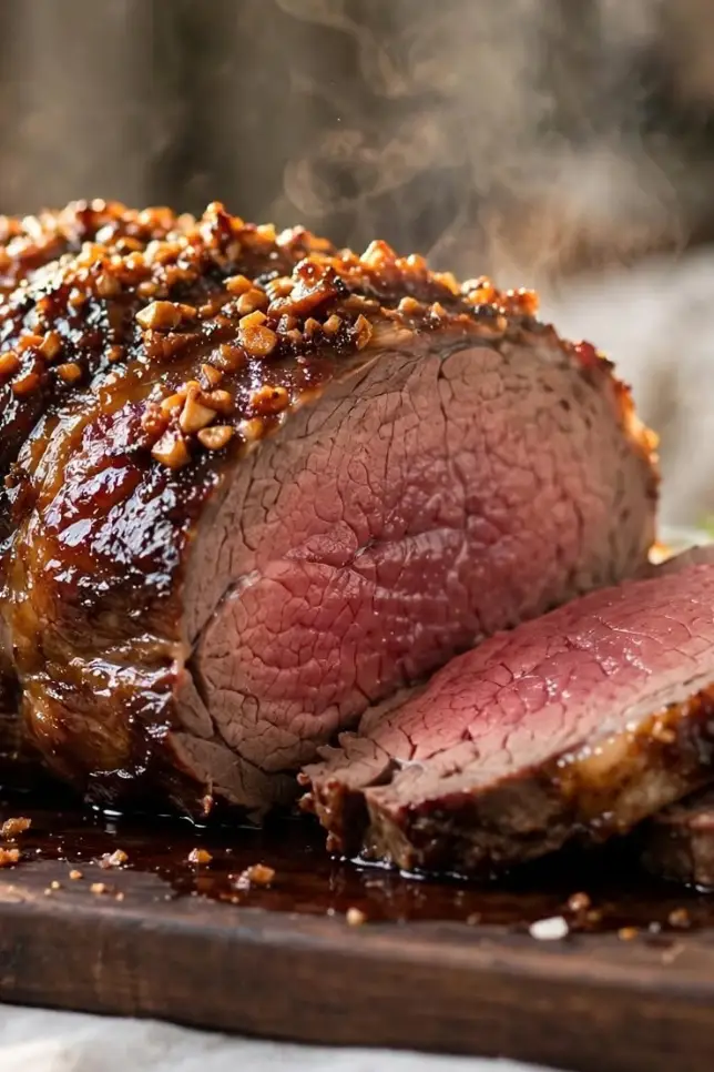 Sliced garlic brown sugar glazed roast beef with caramelized crust on a wooden cutting board