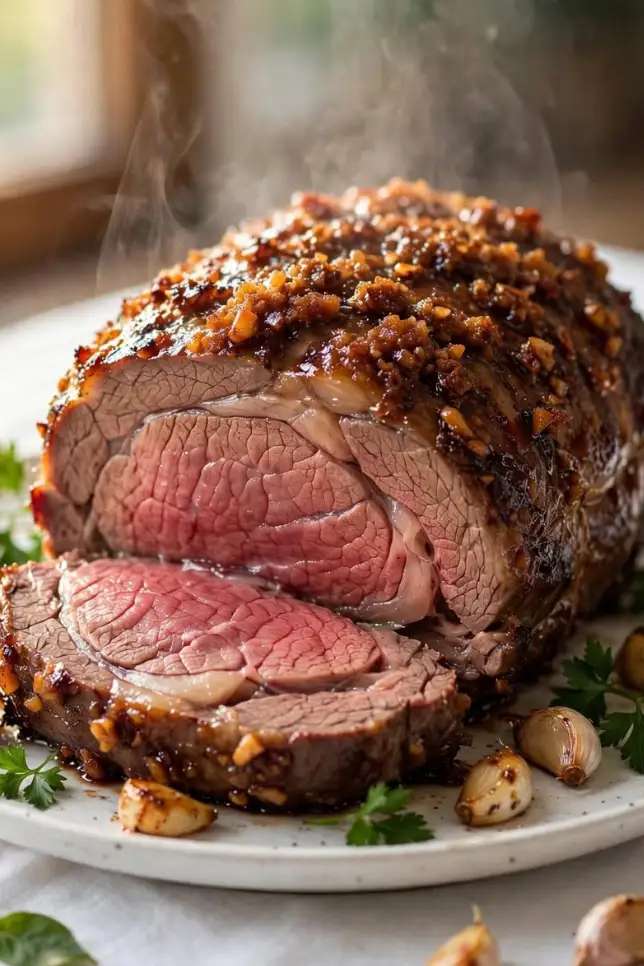 Sliced garlic brown sugar glazed roast beef with caramelized crust on a wooden cutting board