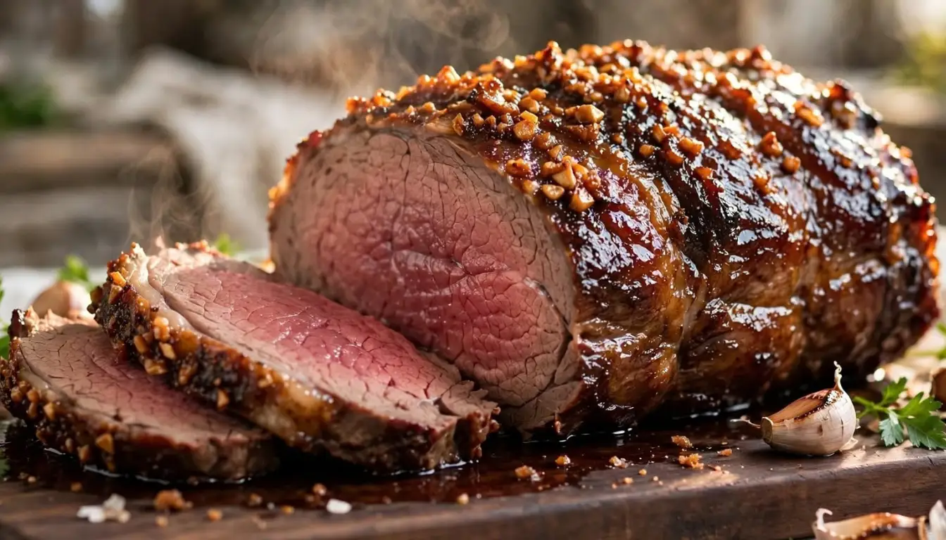 Sliced garlic brown sugar glazed roast beef with caramelized crust on a wooden cutting board