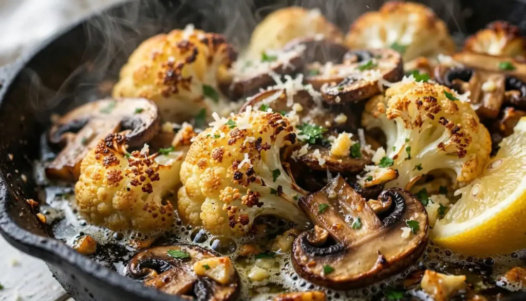 Cast iron skillet with golden garlic mushroom cauliflower topped with parsley and Parmesan