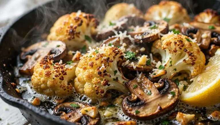 Cast iron skillet with golden garlic mushroom cauliflower topped with parsley and Parmesan