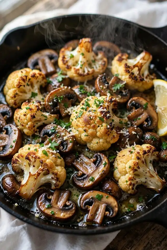 Cast iron skillet with golden garlic mushroom cauliflower topped with parsley and Parmesan