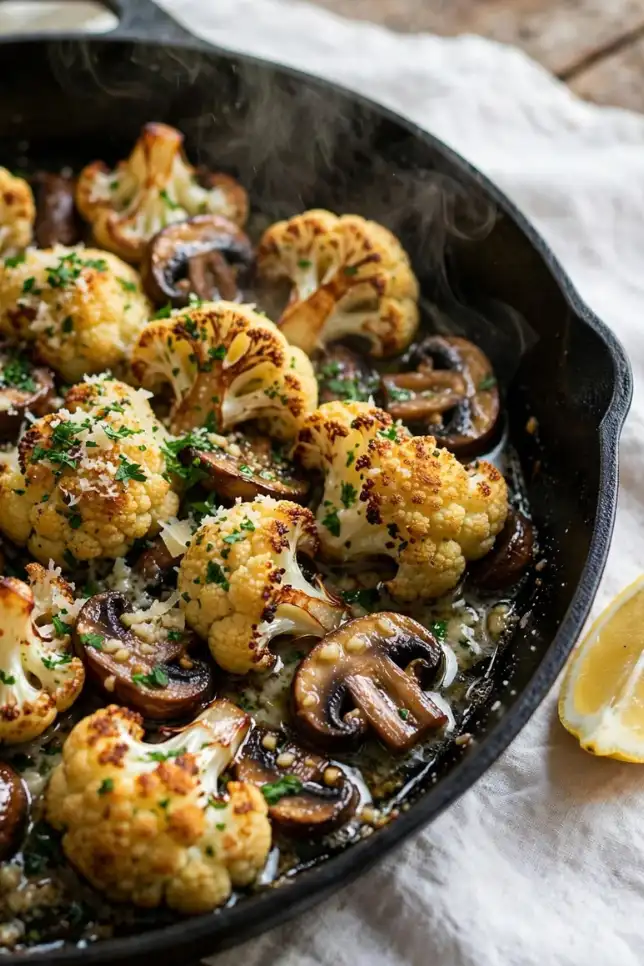 Cast iron skillet with golden garlic mushroom cauliflower topped with parsley and Parmesan
