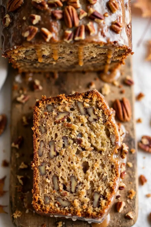 Glazed maple pecan loaf cake sliced on a wooden board showing moist crumb