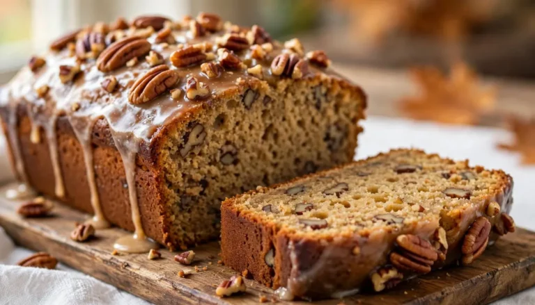 Glazed maple pecan loaf cake sliced on a wooden board showing moist crumb