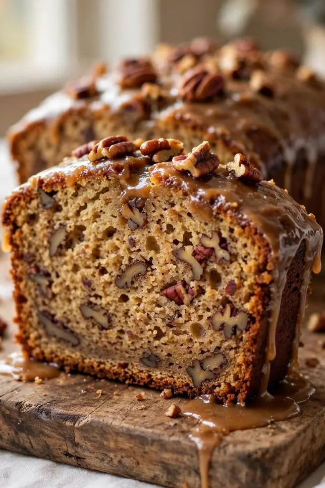 Glazed maple pecan loaf cake sliced on a wooden board showing moist crumb