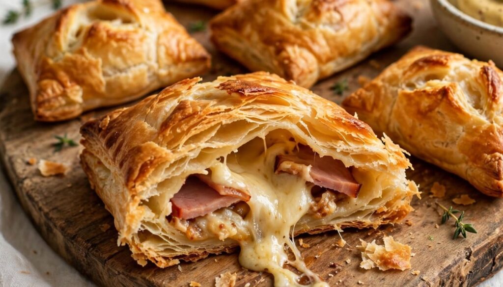 Golden baked ham and cheese puff pastry pockets on a wooden board with melted cheese and fresh thyme