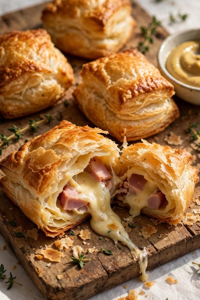Golden baked ham and cheese puff pastry pockets on a wooden board with melted cheese and fresh thyme