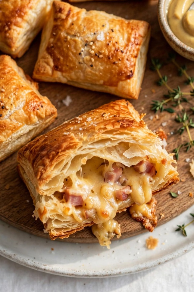 Golden baked ham and cheese puff pastry pockets on a wooden board with melted cheese and fresh thyme