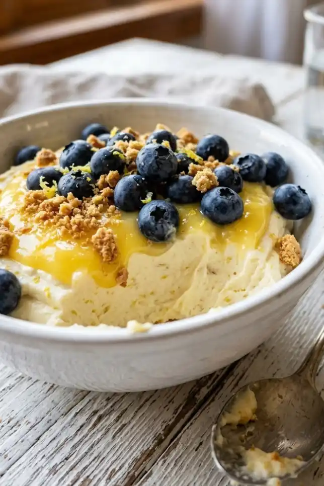 High-protein lemon cheesecake bowl topped with blueberries, graham cracker crumbs and lemon curd