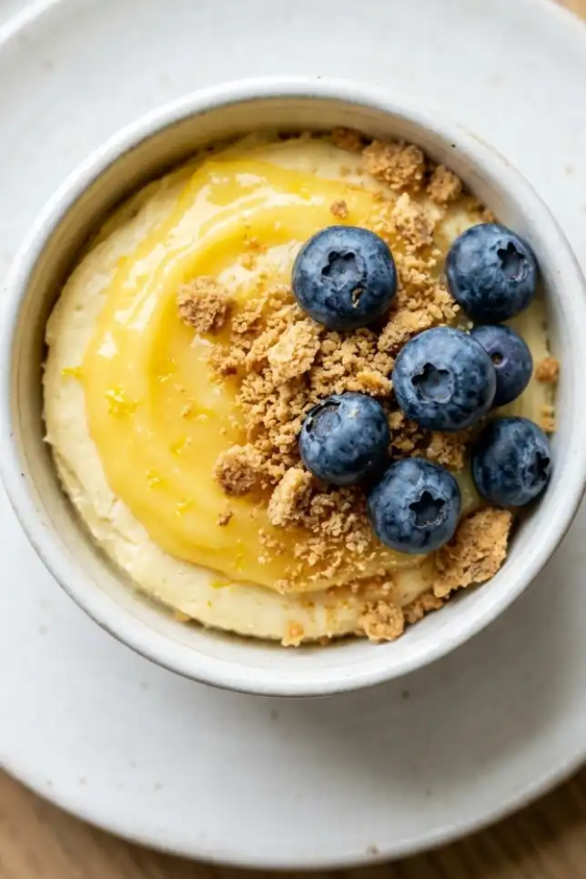 High-protein lemon cheesecake bowl topped with blueberries, graham cracker crumbs and lemon curd