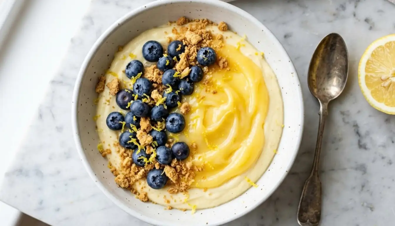 High-protein lemon cheesecake bowl topped with blueberries, graham cracker crumbs and lemon curd