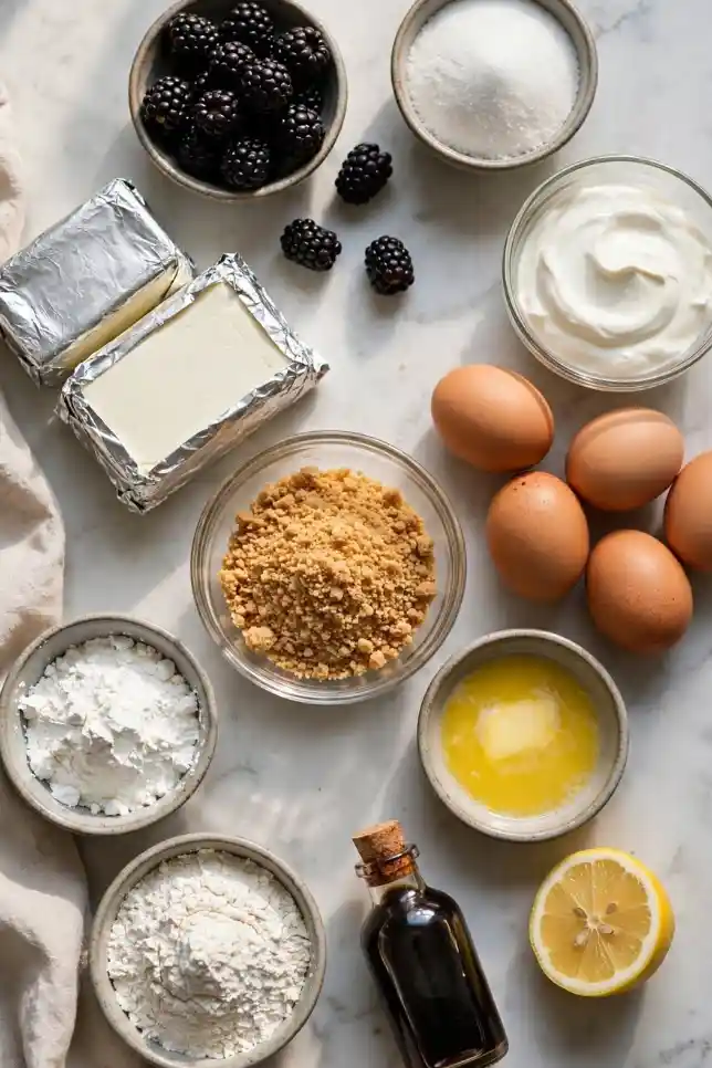 Flat lay of blackberry cheesecake ingredients including cream cheese, fresh blackberries, eggs, sour cream, sugar and graham cracker crumbs