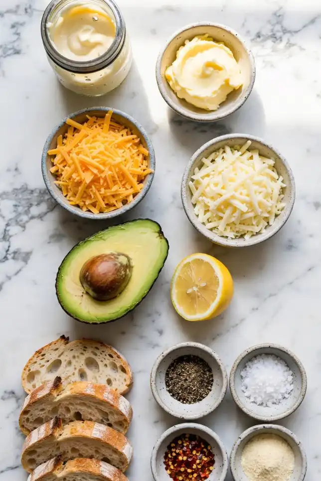 Flat lay of avocado grilled cheese ingredients including sourdough bread, avocado, cheddar, Monterey Jack, butter and lemon