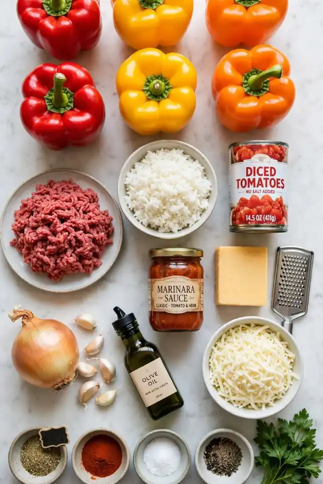 Flat lay of stuffed bell pepper ingredients including peppers, ground beef, rice, cheddar and tomatoes