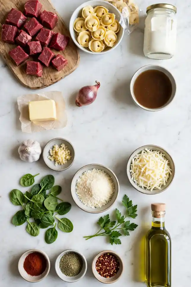 Flat lay of sirloin steak cubes, cheese tortellini, heavy cream, garlic, Parmesan, mozzarella, spinach and spices