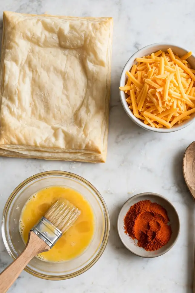Flat lay of puff pastry, shredded cheddar, egg wash and smoked paprika for cheesy straws