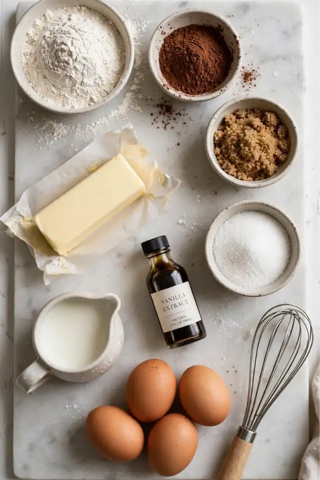 Flat lay of cocoa powder, flour, sugar, butter, and milk for chocolate brownie pudding cake
